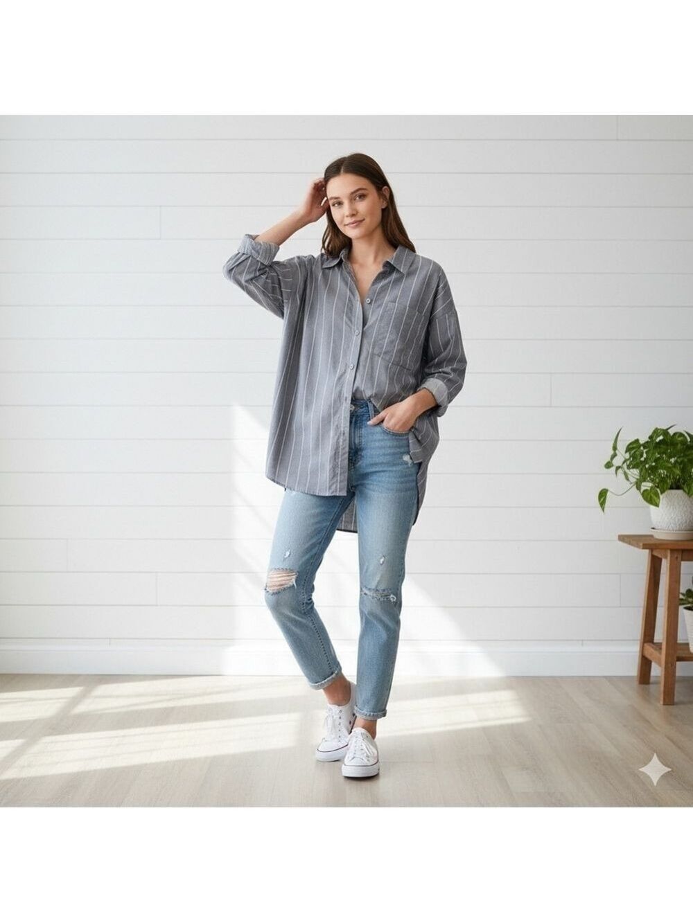 H&M Divided Gray Pinstripe Oversized Button Down Shirt Cotton Size M